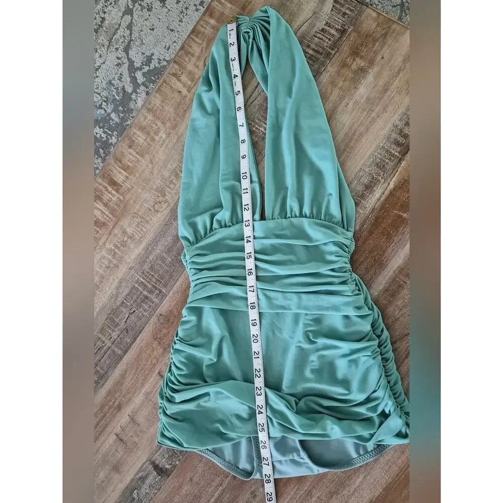 Norma Kamali Green Ruched Halterneck One-Piece Swimsuit Size S Slimming